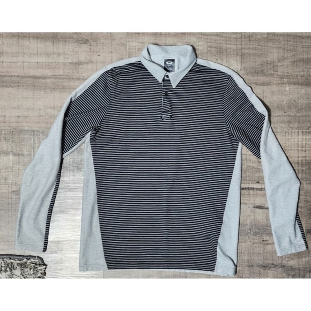 Oakley Men's Long Sleeve Black Gray Stripe Polo Shirt Size Small